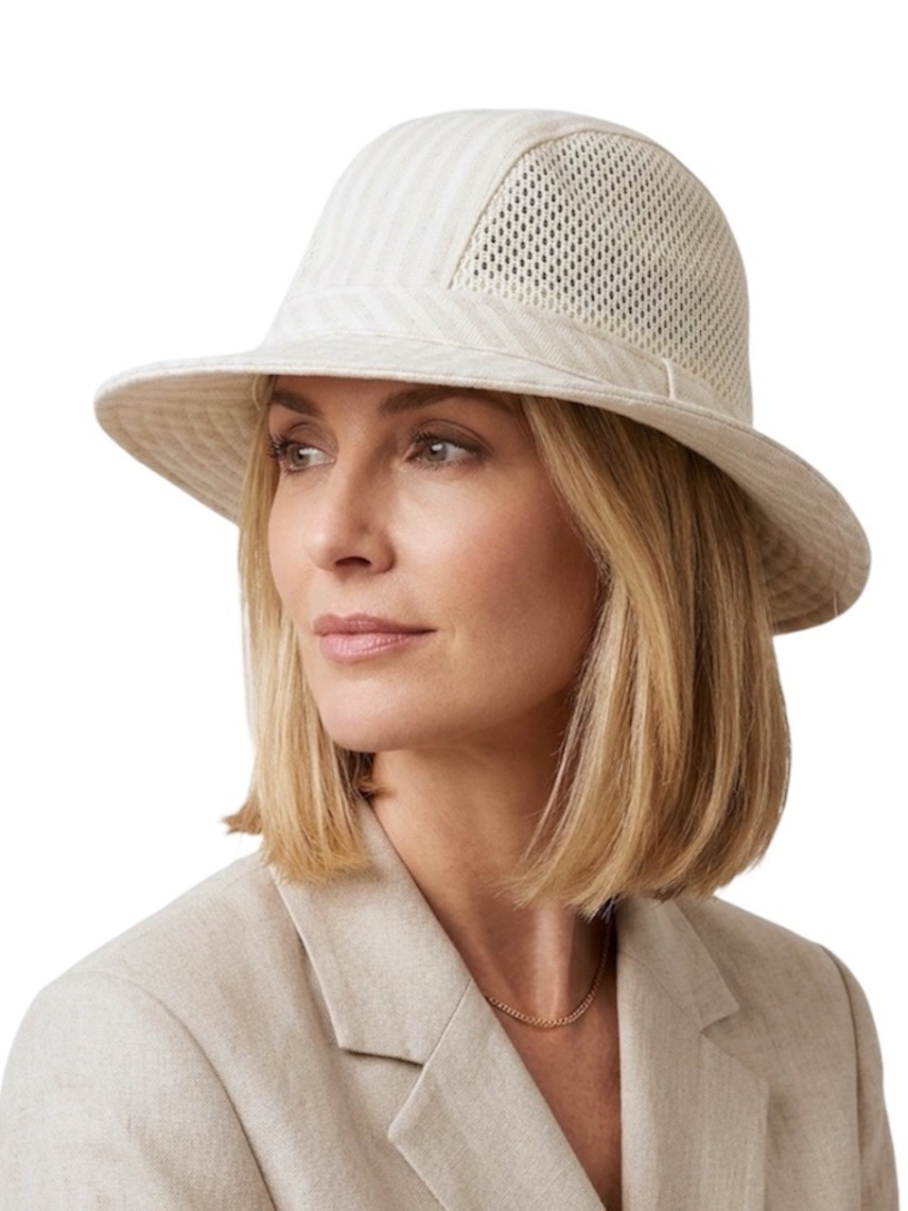 NWT Meteo Paris French Luxury Mesh Panel Bucket Hat Ecru Linen Blend Size 58